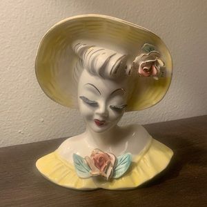 Lefton Lady Head Vase Yellow Wall Pocket 1950s